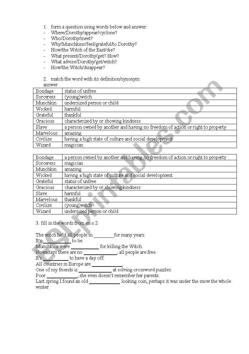 the wizard of Oz chapter2 worksheet