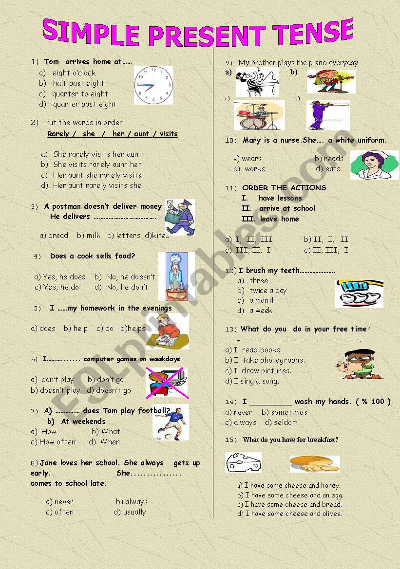 Simple Present Tense A Multiple Choice Test Esl Worksheet By Mlml