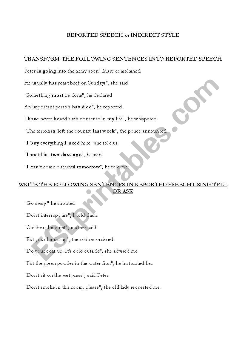 reported speech worksheet