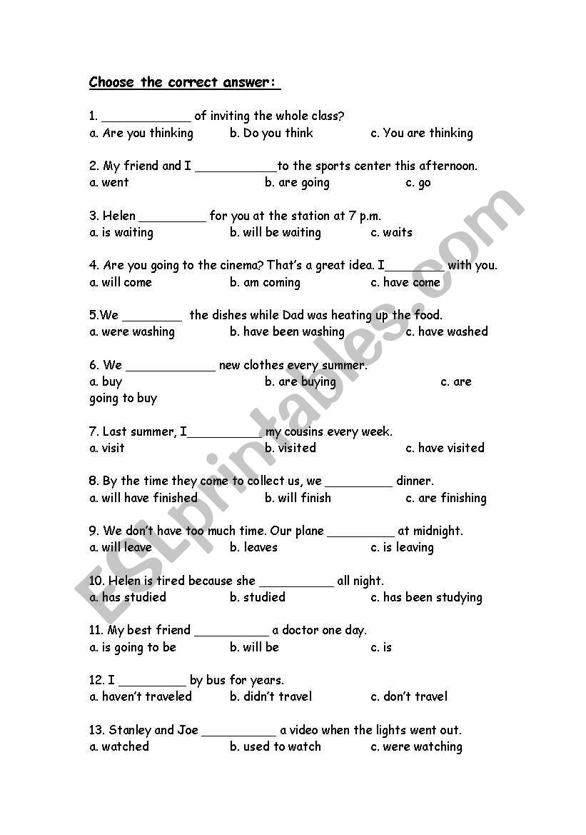 Test on tenses for EFL worksheet