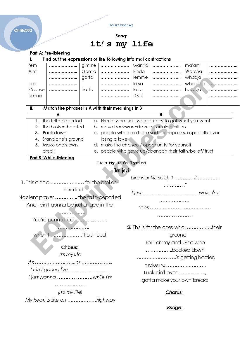 song its my life worksheet