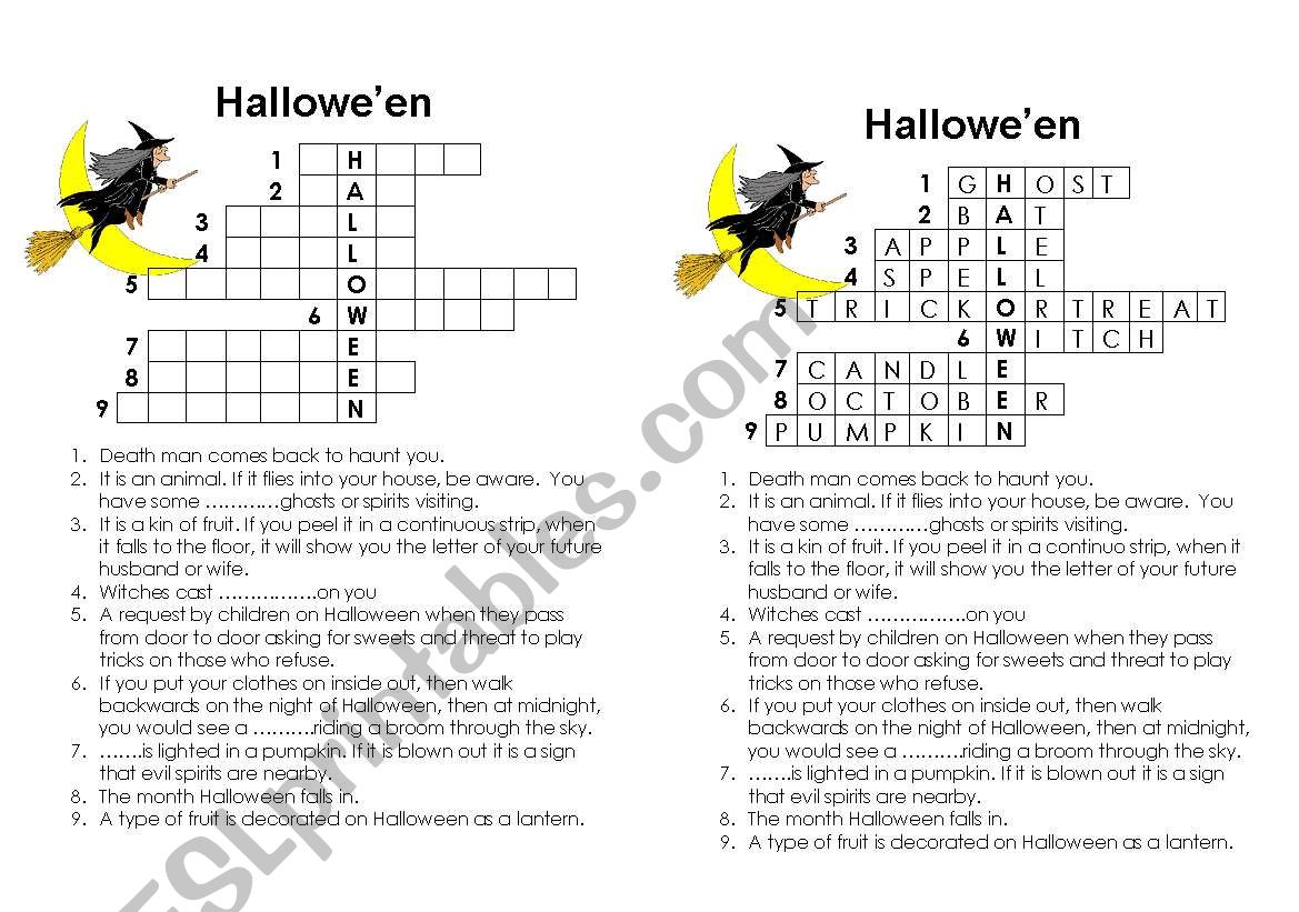 crossword on halloween worksheet