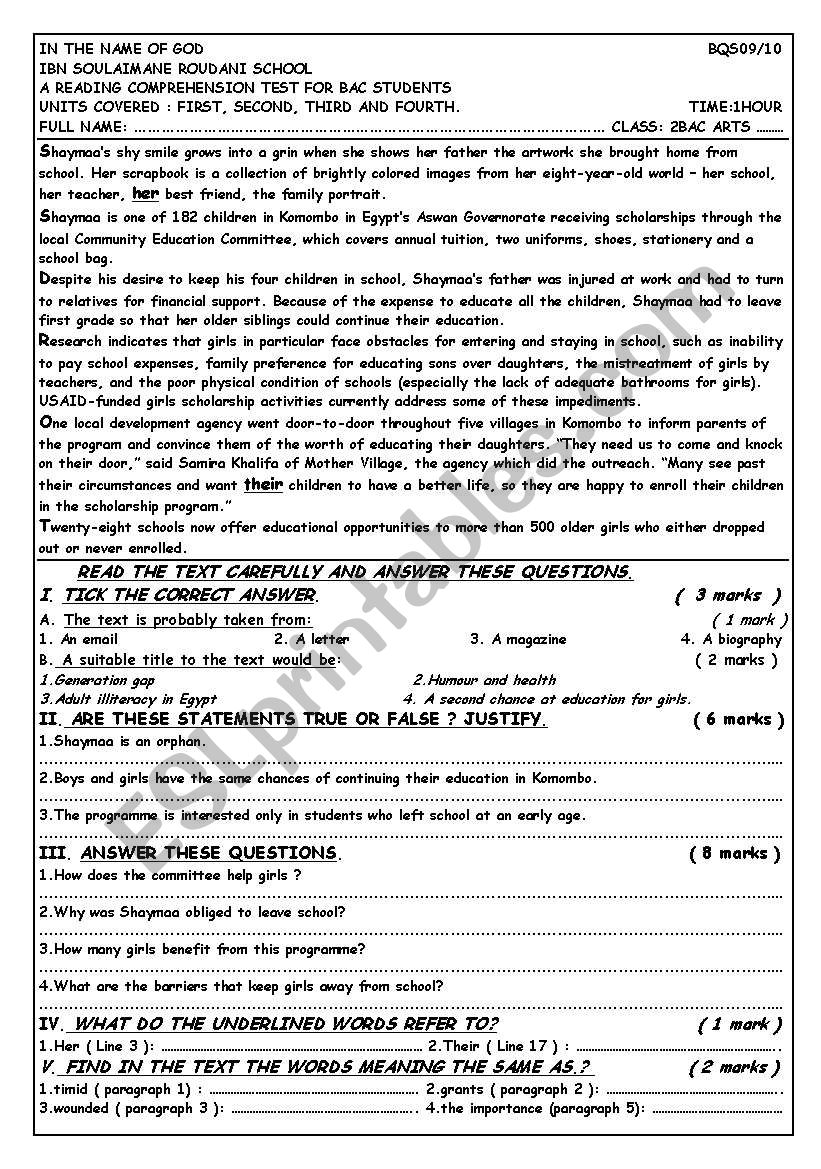 A reading comprehension text worksheet