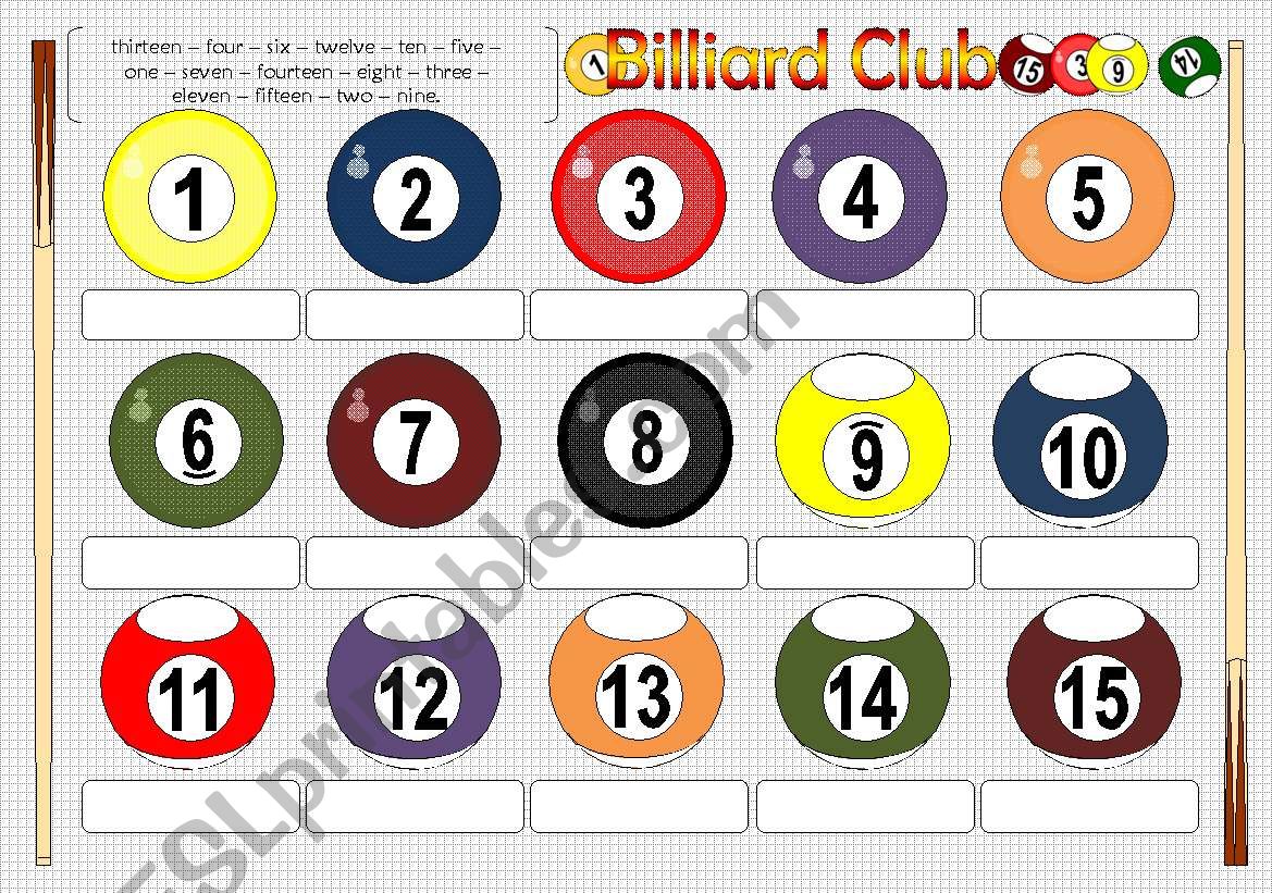 Billiard Club: Numbers 1-15 Pictionary (BW included)