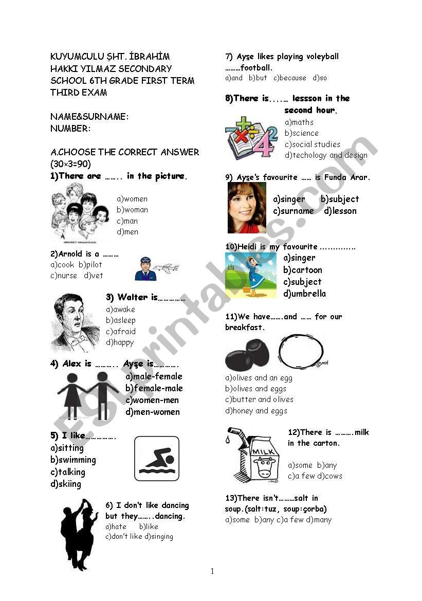 6th grade exam worksheet