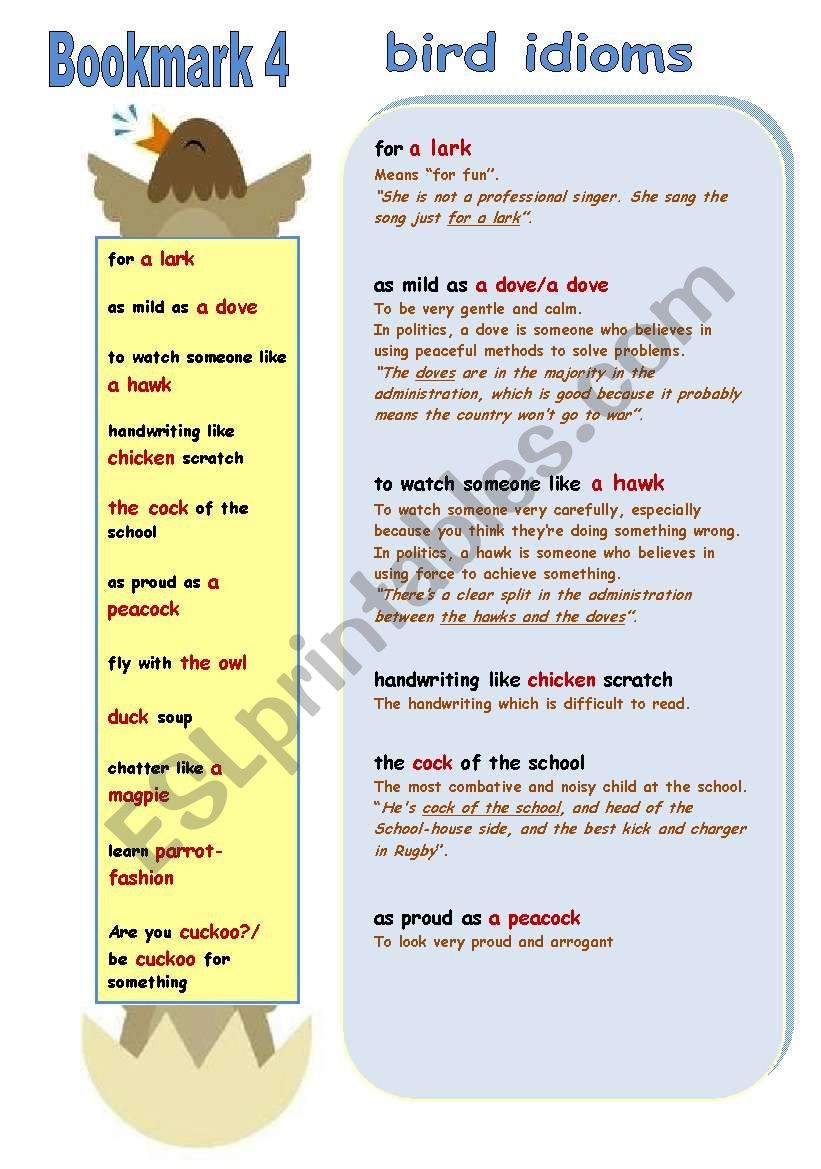 BIRD IDIOMS Bookmark worksheet