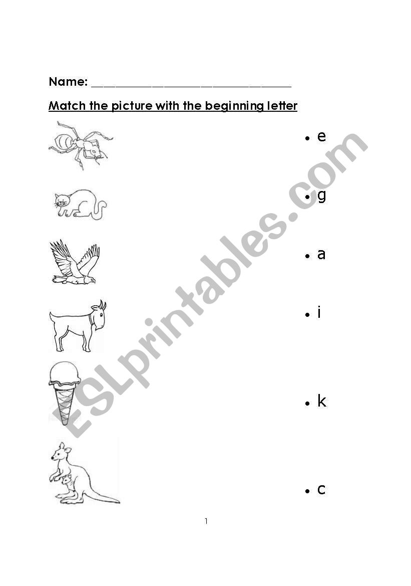 English worksheets Match the letter with the picture