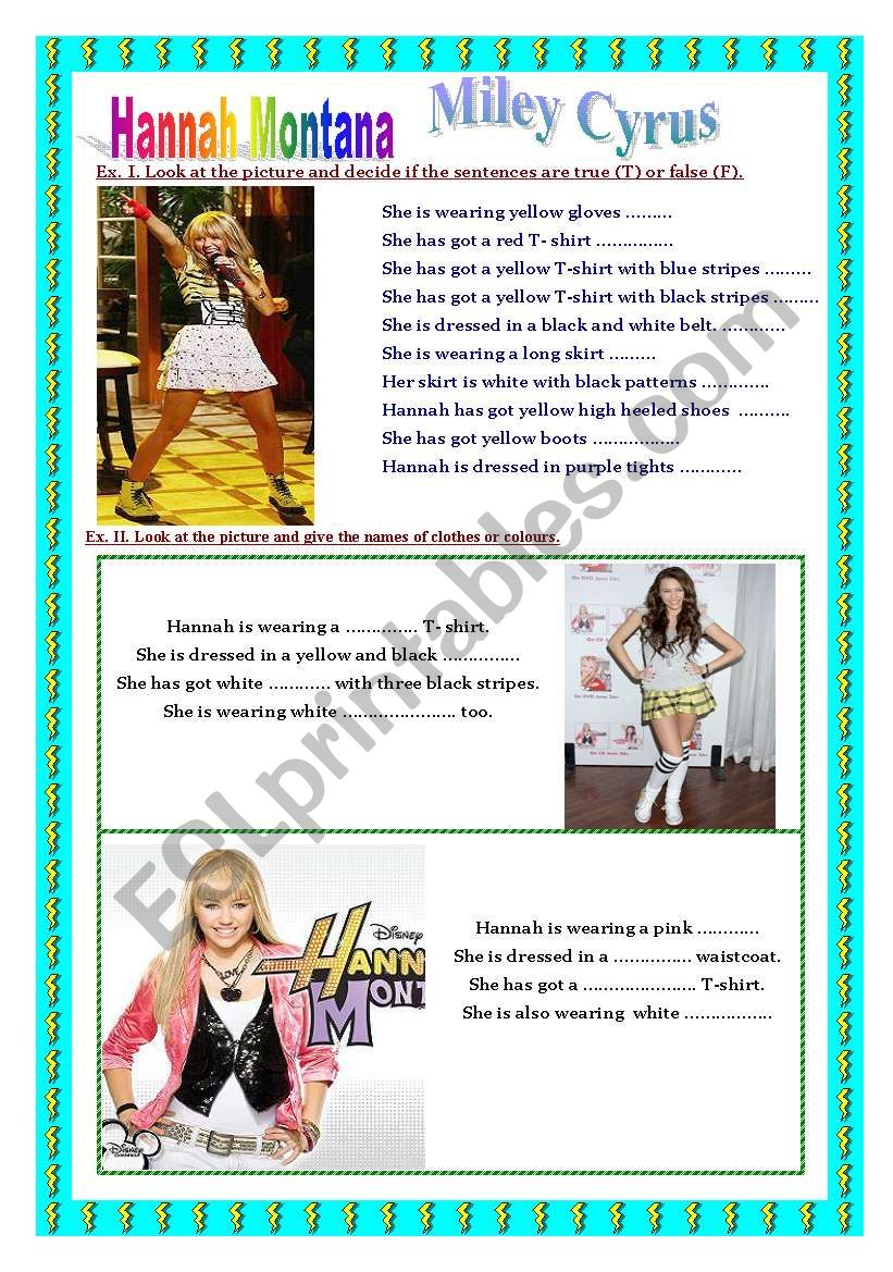 Hannah Montana - clothes, colours, reading, colouring.