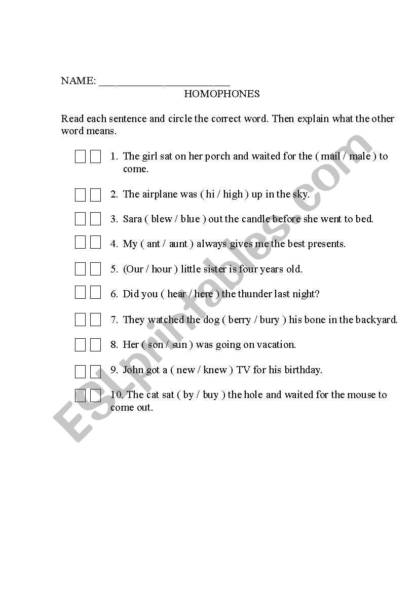 Homophones worksheet