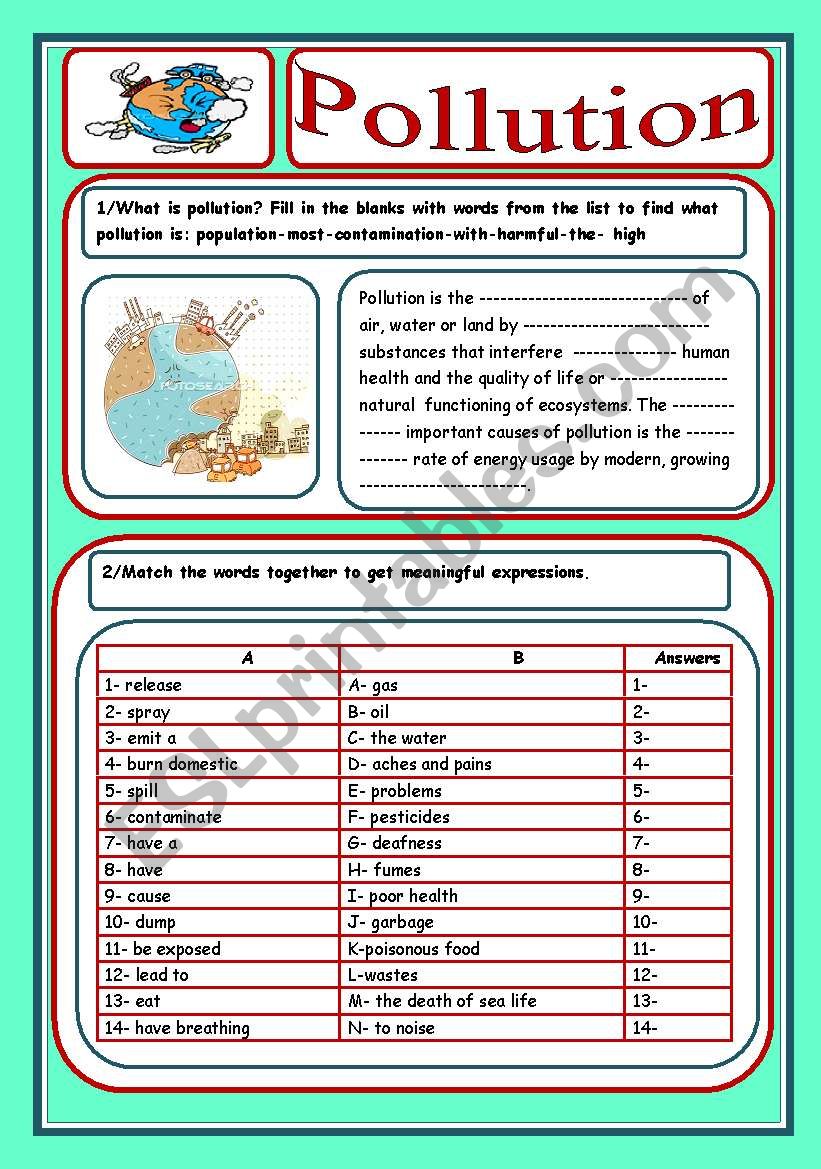 pollution (3 pages) worksheet