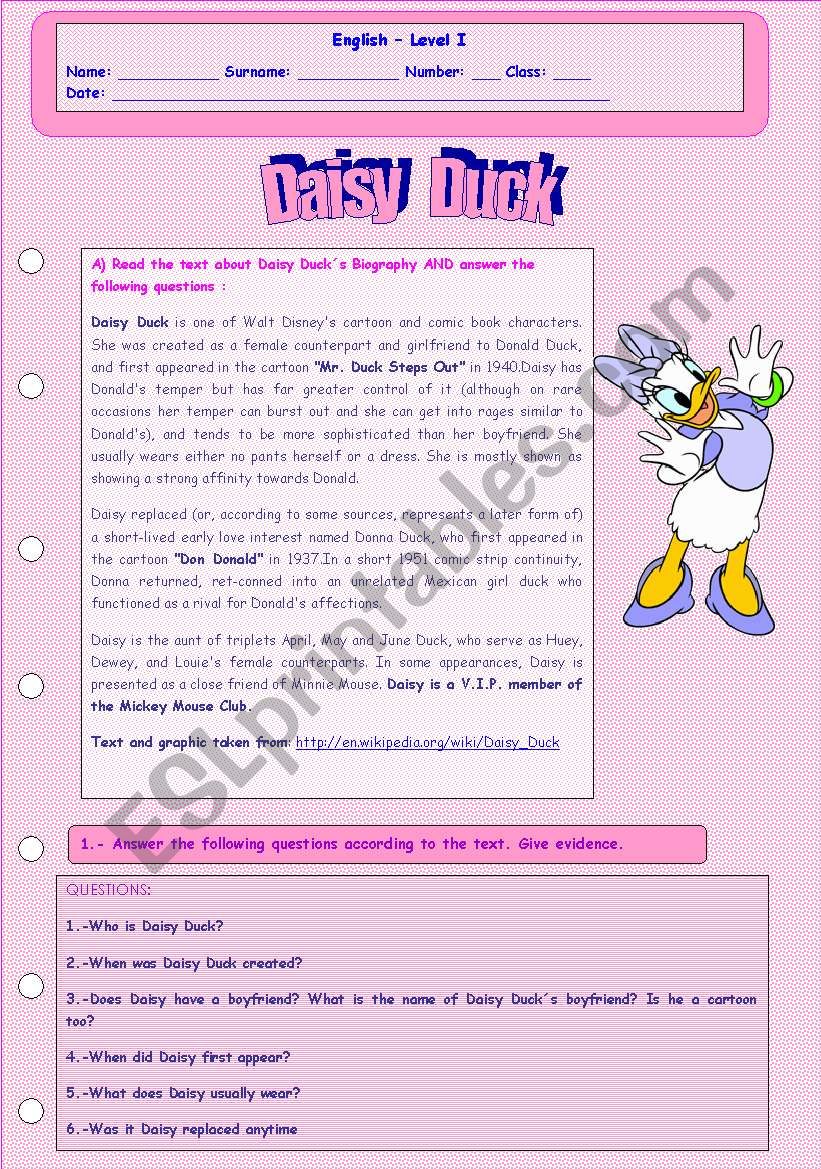 READING COMPREHENSION ABOUT DAISY DUCK