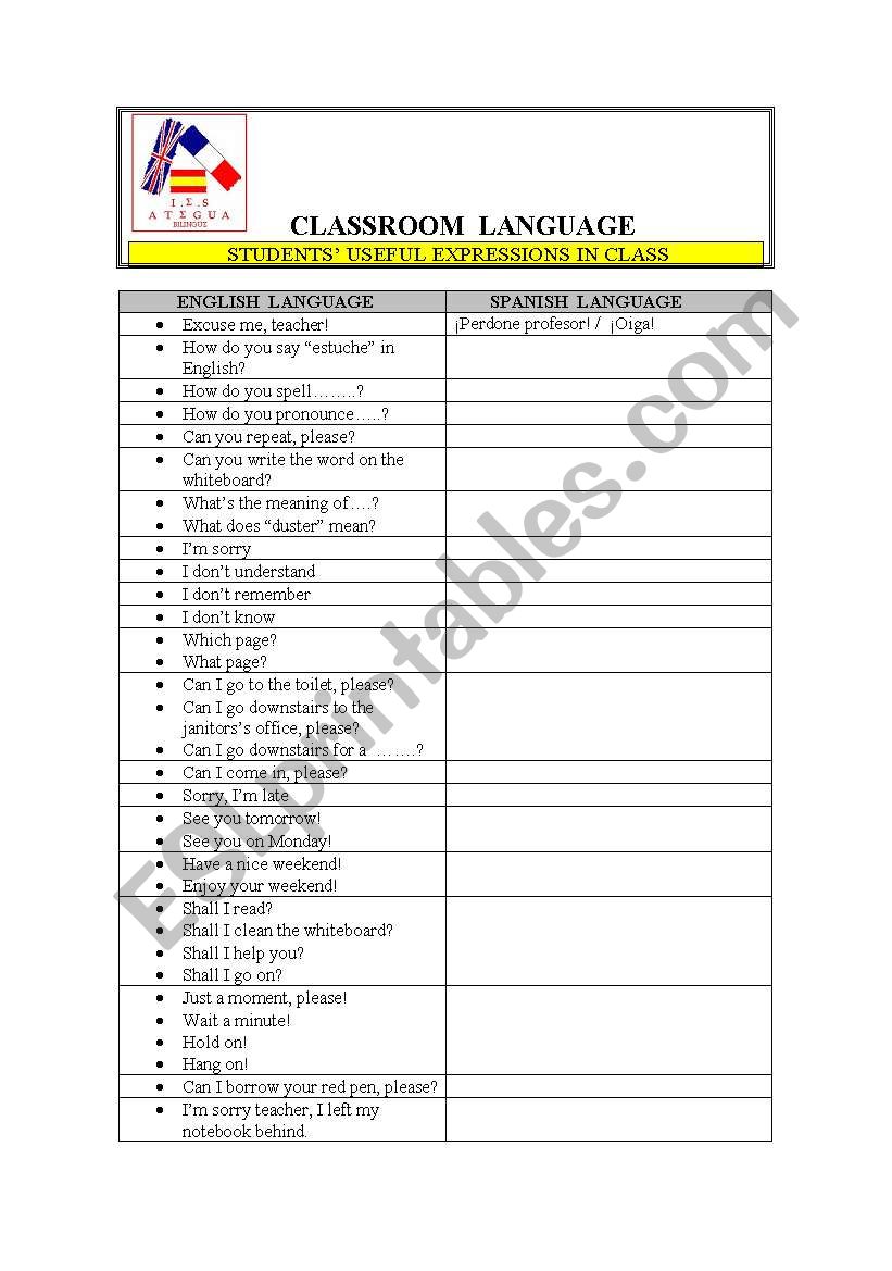 Classroom language worksheet