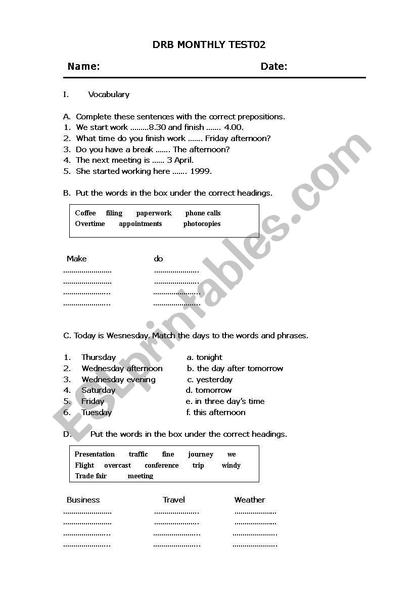 business english test worksheet