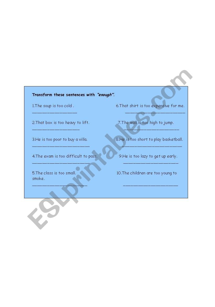 too/enough worksheet