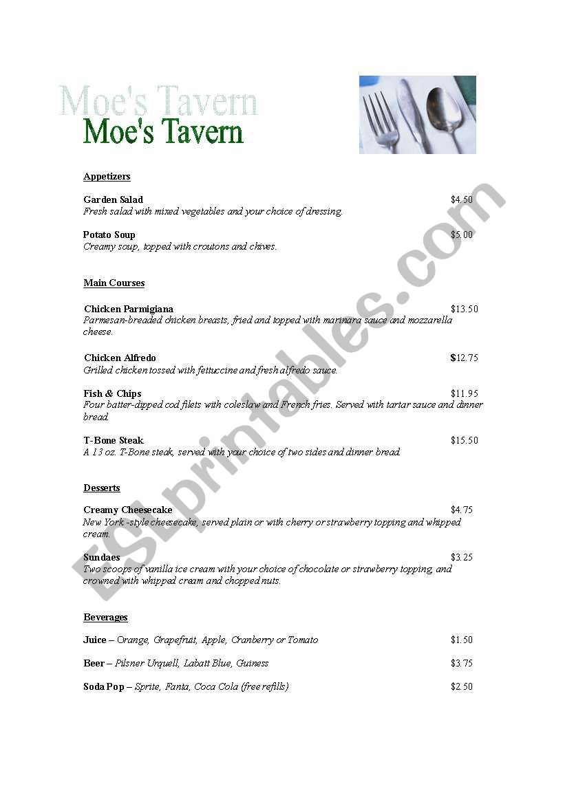 Restaurant - Sample Menu worksheet