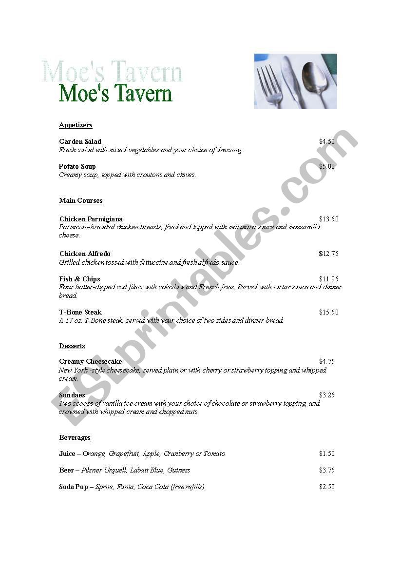 Restaurant - Sample Menu worksheet