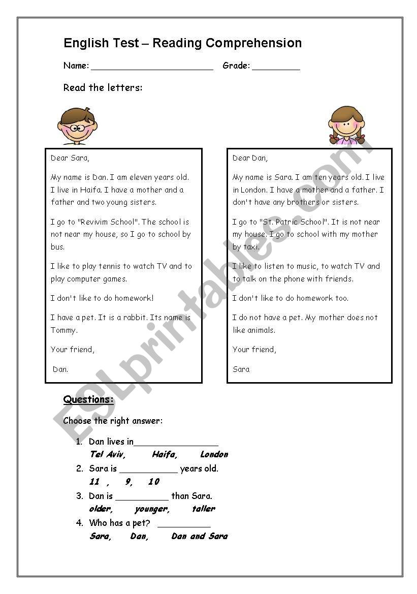 reading comprehension test for young pupils