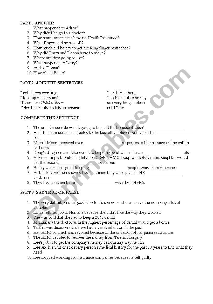 Sicko by Michael Moore worksheet