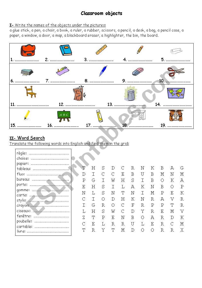 Classroom objects worksheet