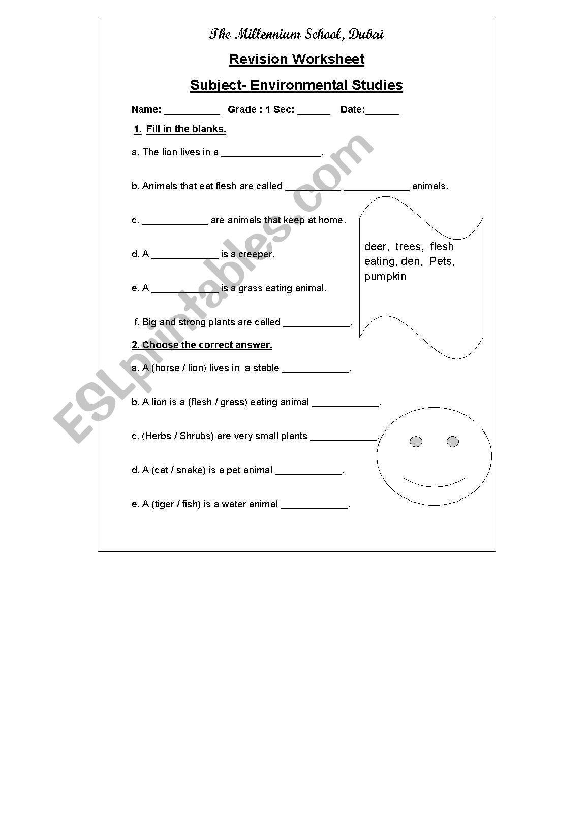 EVS : animals for 2nd grade worksheet