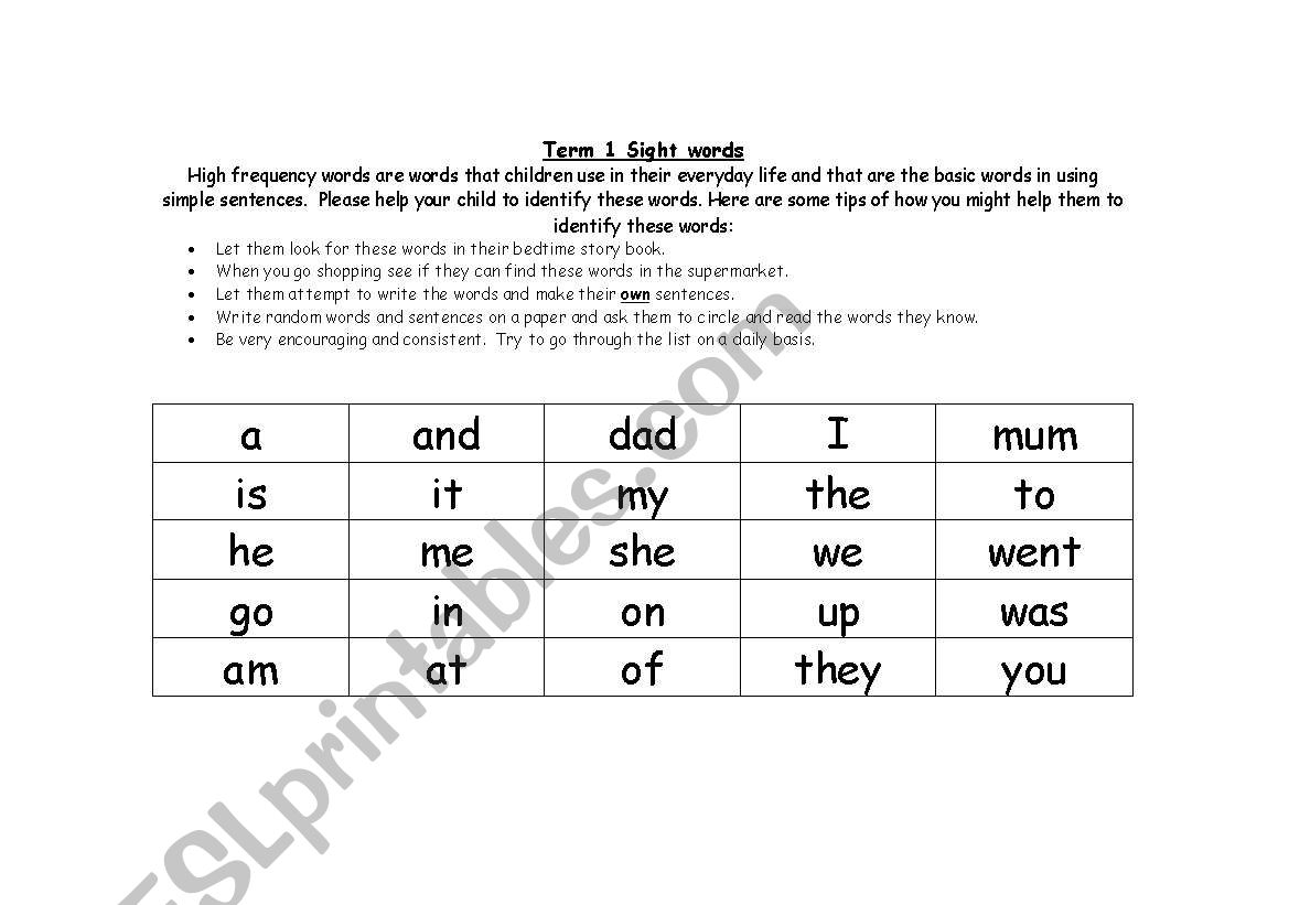 Sight words worksheet