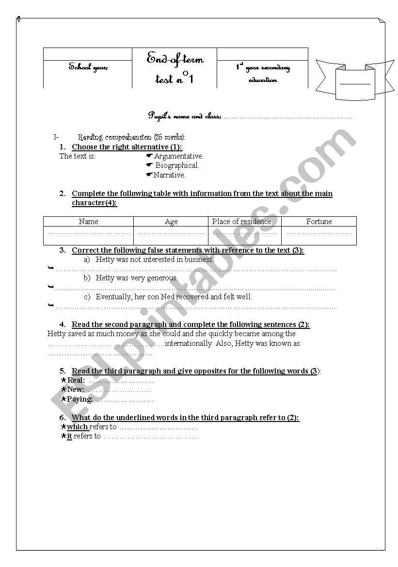 end of term test 1: secondary school