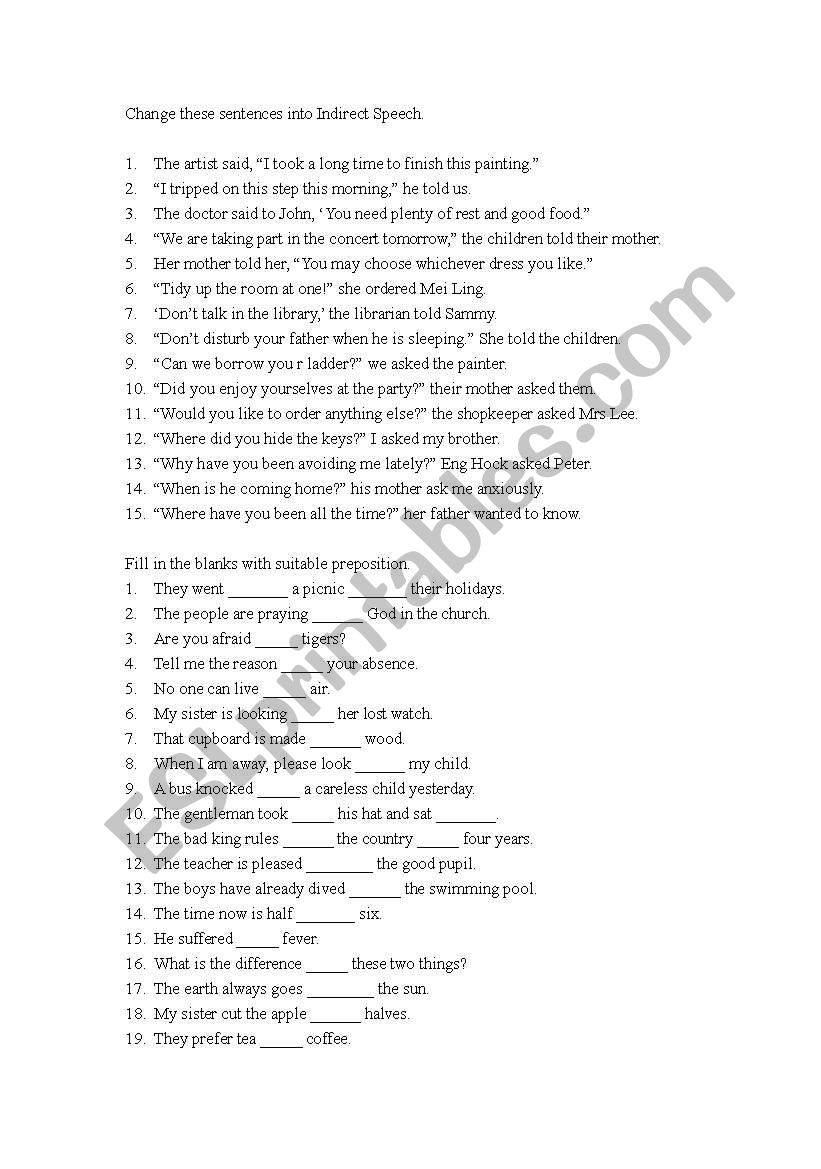 indirect speech worksheet