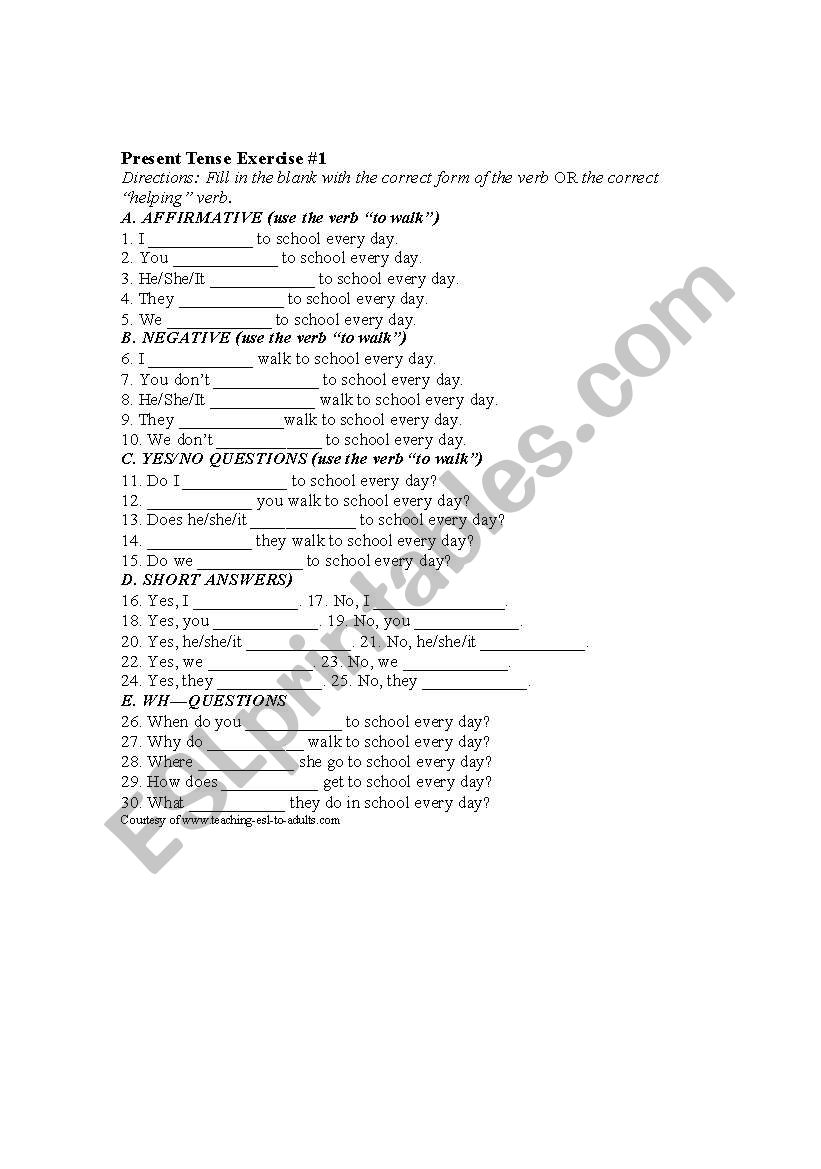 Present Tense Verbs worksheet