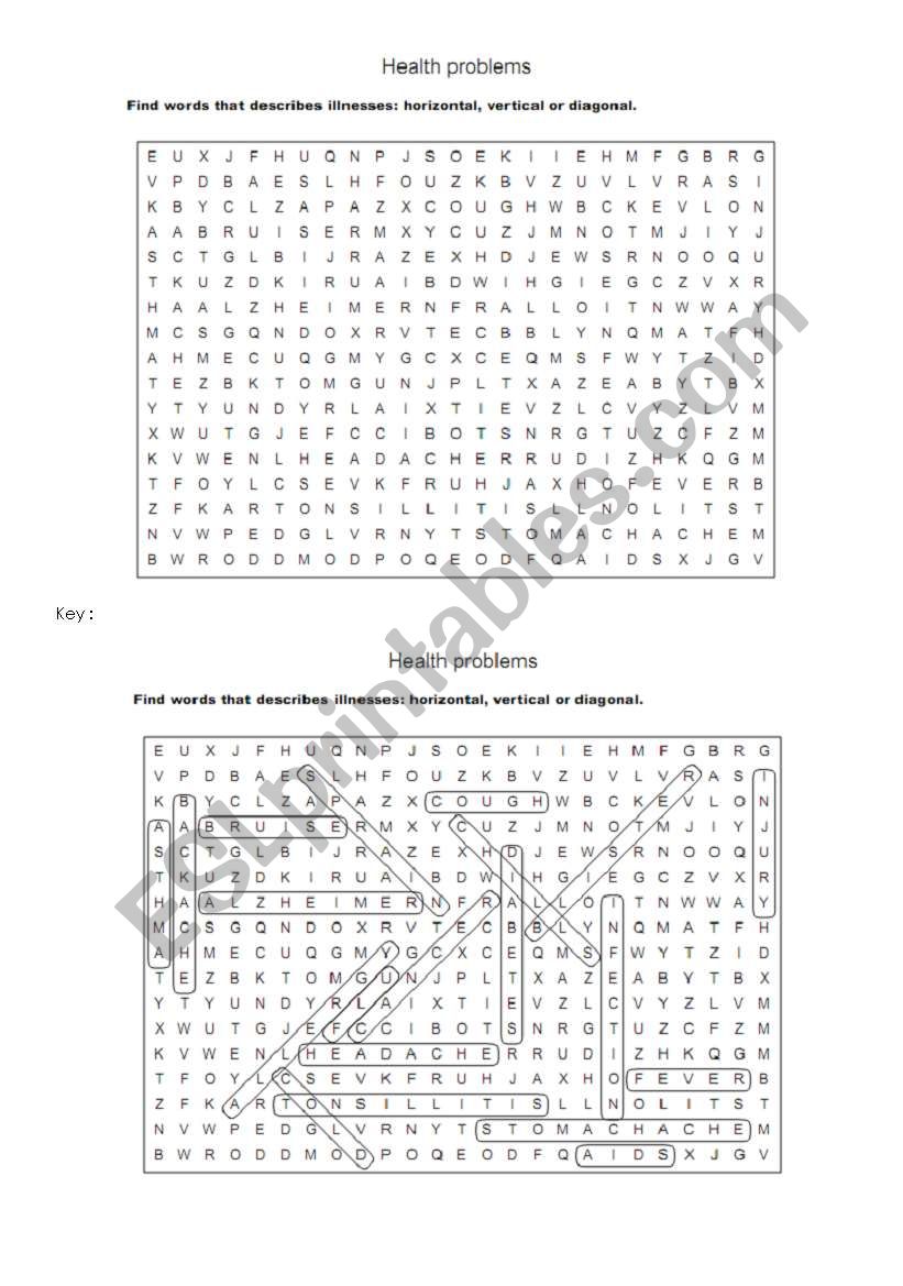 Health Problems Wordsearch worksheet