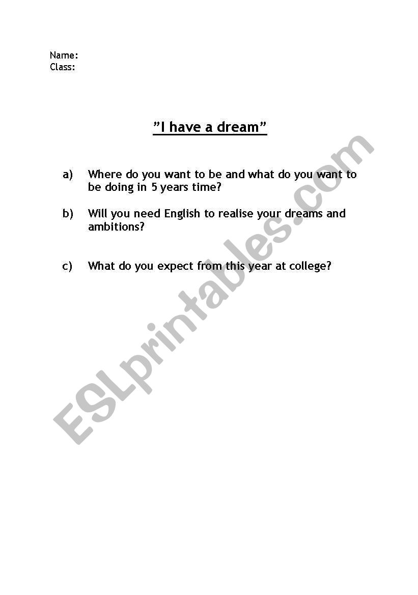 I have a dream worksheet