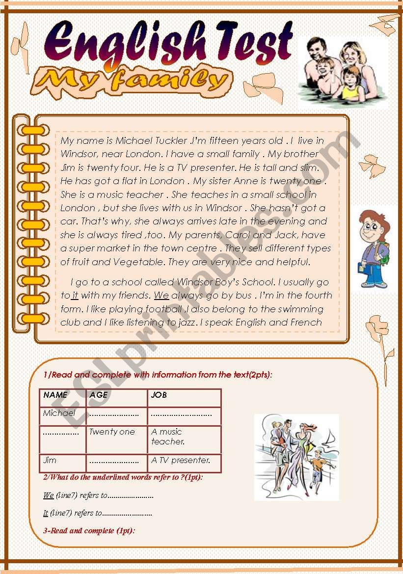 English Test (3 parts): 7th form.Reading Comprehension/Grammar+ Vocabulary/writing(+Key)