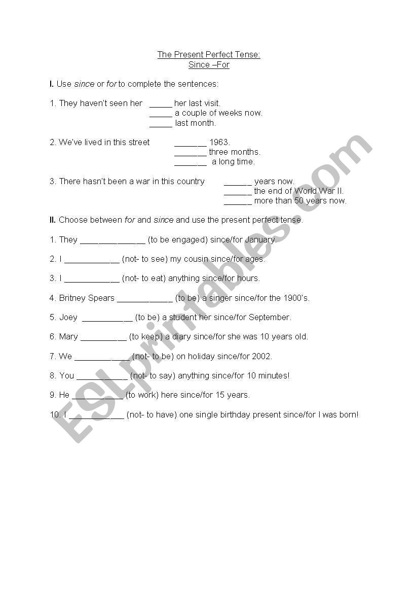 Since-For worksheet