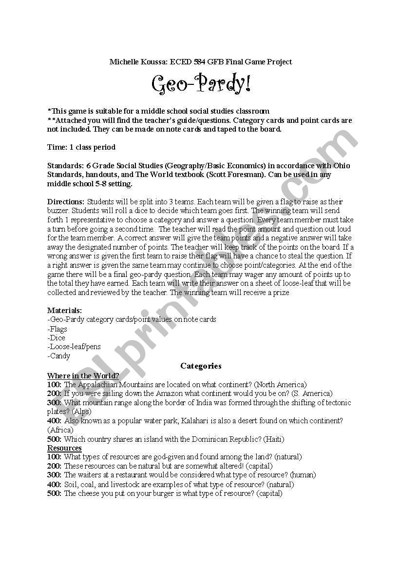 Geo-Pardy! worksheet
