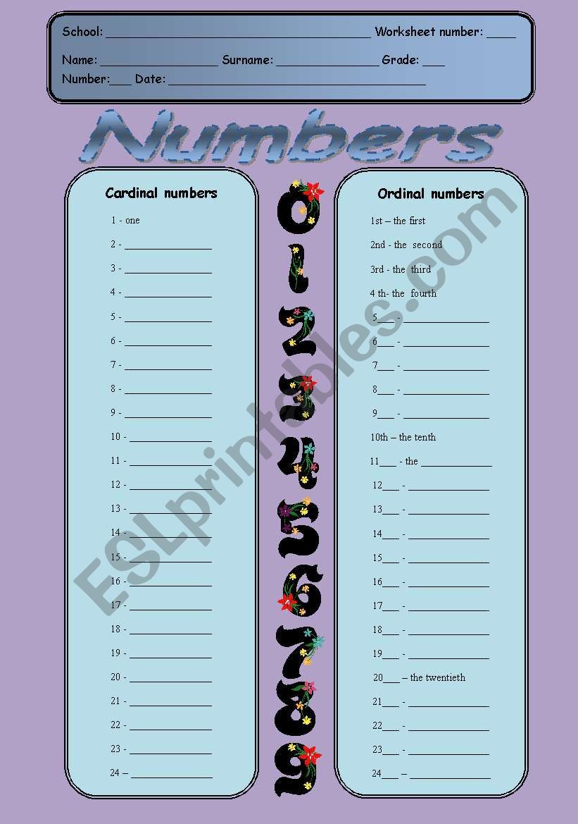 Cardinal and ordinal numbers worksheet
