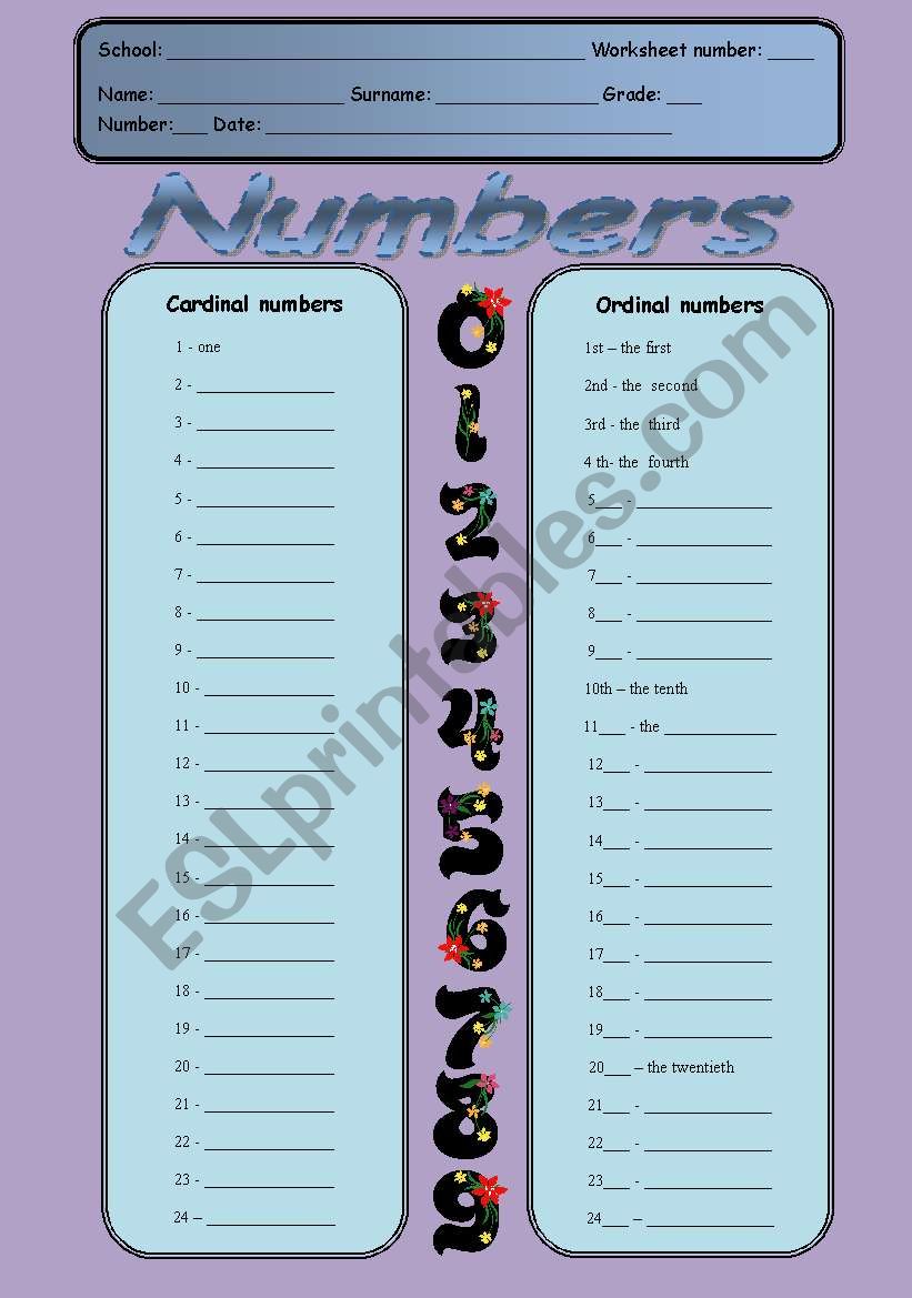 Cardinal and ordinal numbers worksheet