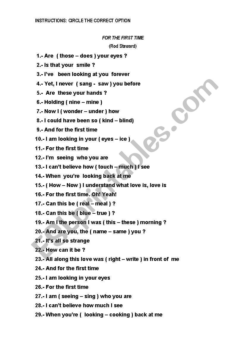 For the first time (song)  worksheet