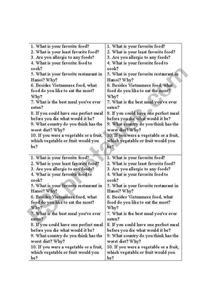 Talk Topic- Food worksheet