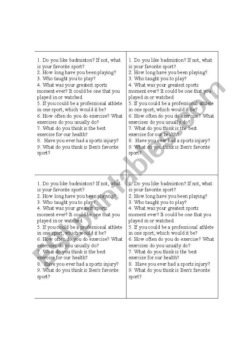 talk topic sports/teens worksheet