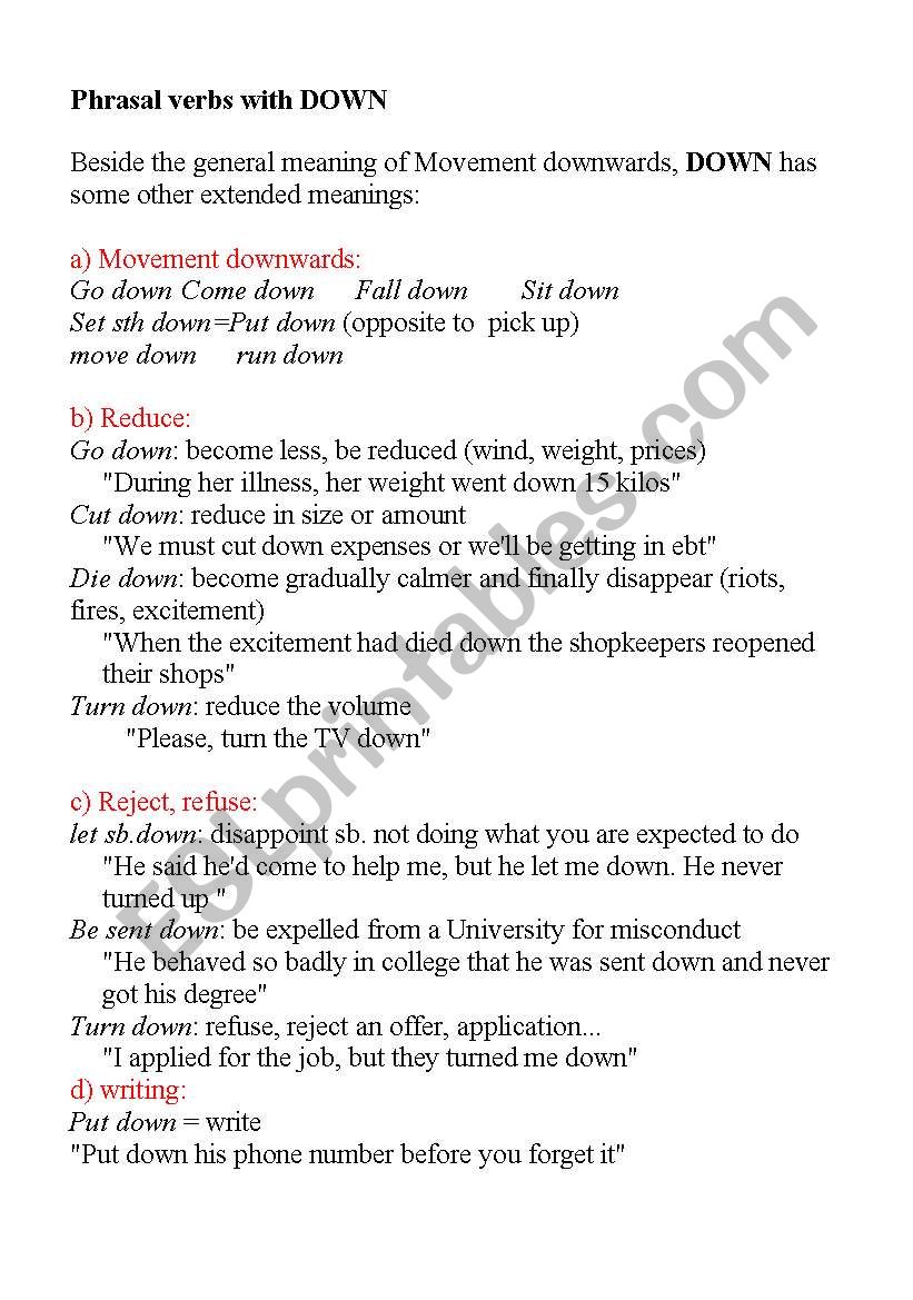 Phrasal verbs with DOWN  worksheet