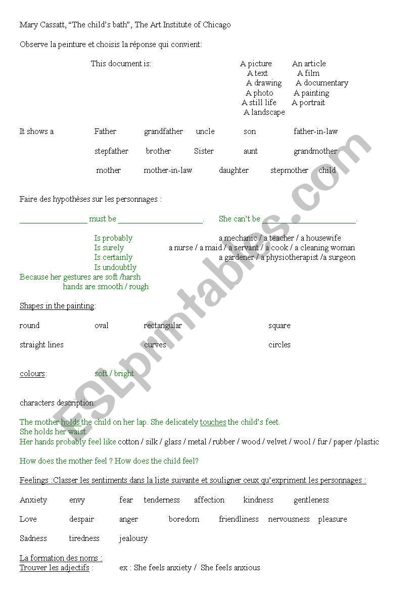 Worksheet to describe the chids bath by mary cassatt