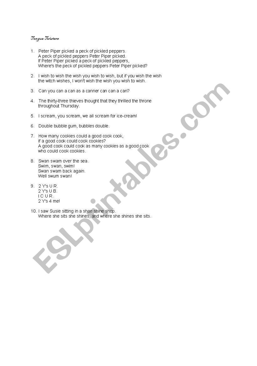 ten tongue twisters worksheet