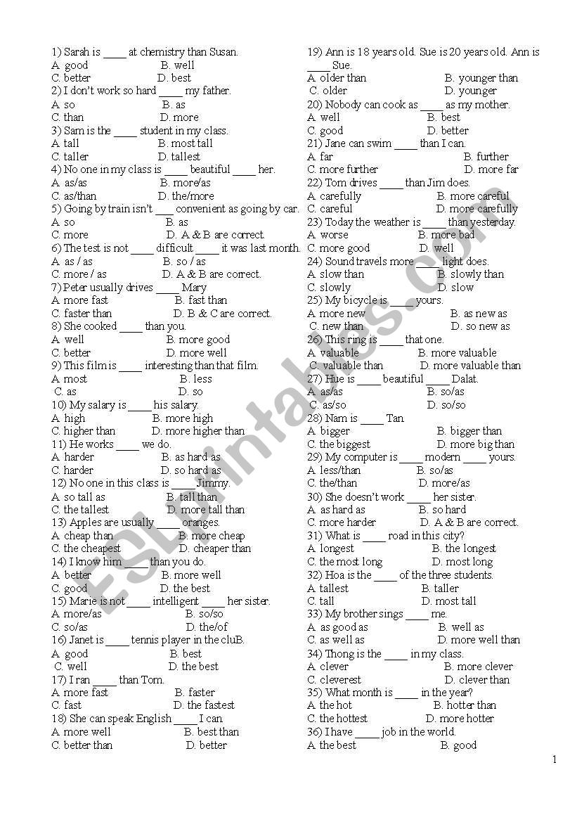 Comparison- multiple choice worksheet