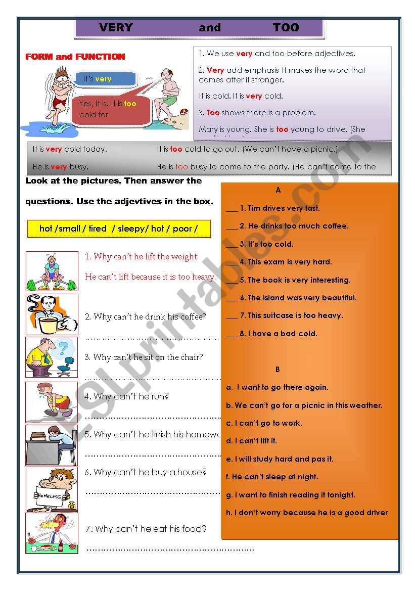 VERY and TOO worksheet