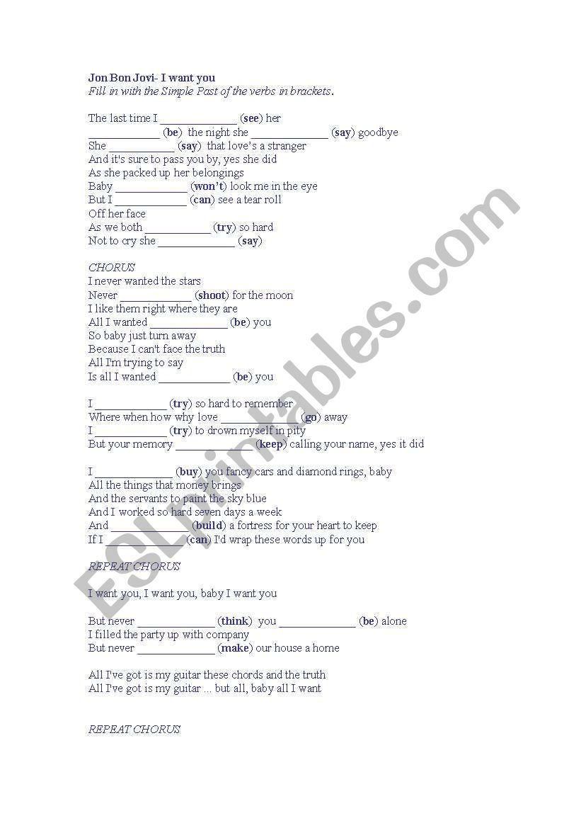 Jon Bon Jovi - I want you worksheet