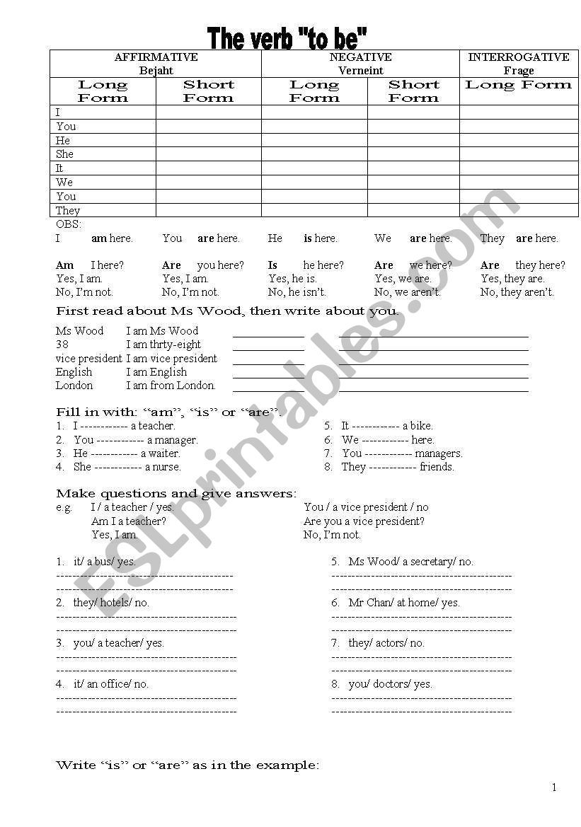 The verb to be worksheet