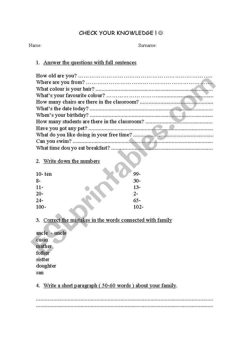 general test worksheet