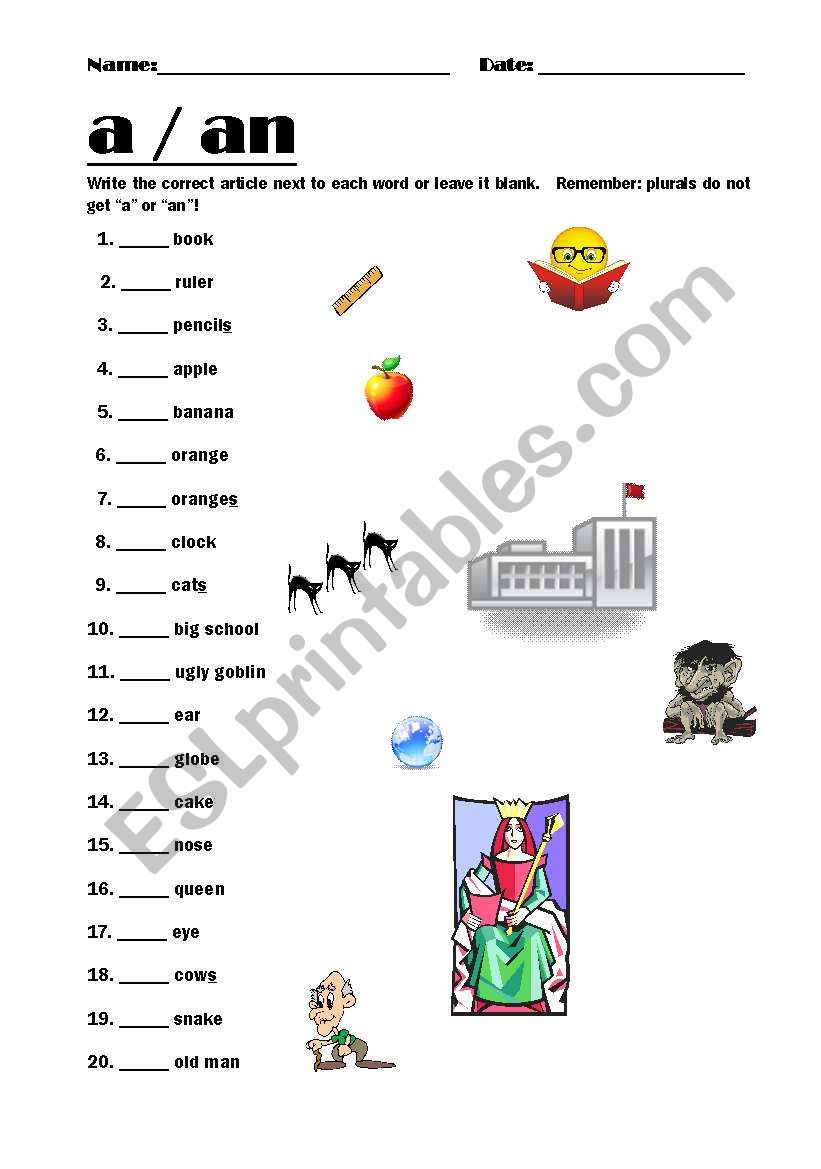 a/an worksheet - indefinite articles