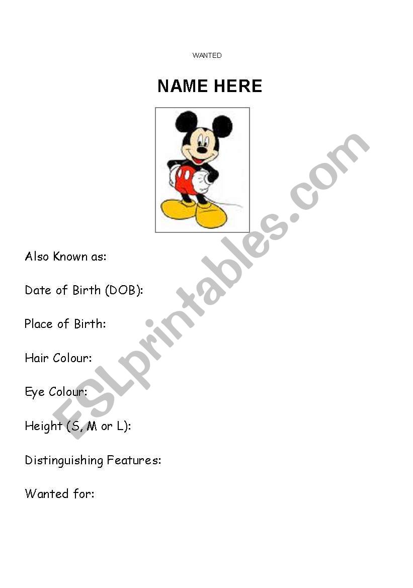 Mickey Mouse Wanted Poster worksheet