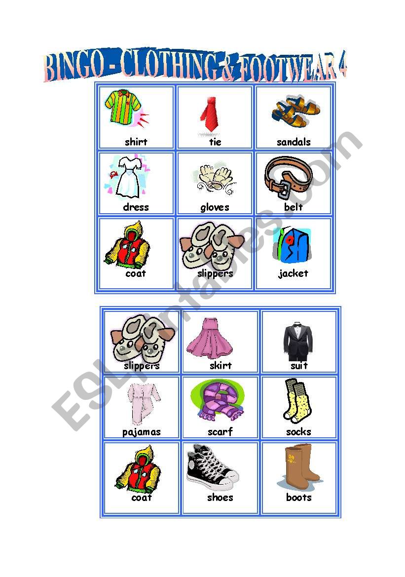 Bingo-clothes & footwear 4/5 worksheet