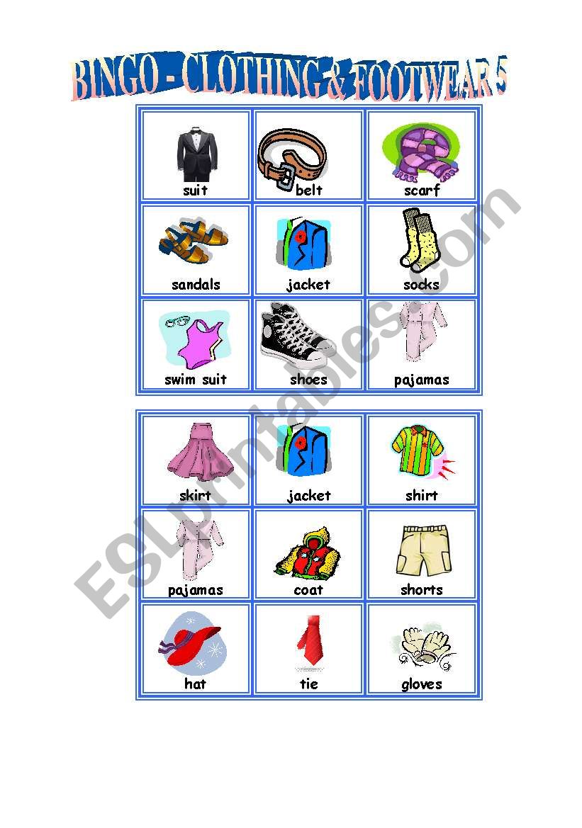 Bingo-clothes & footwear 5/5 worksheet